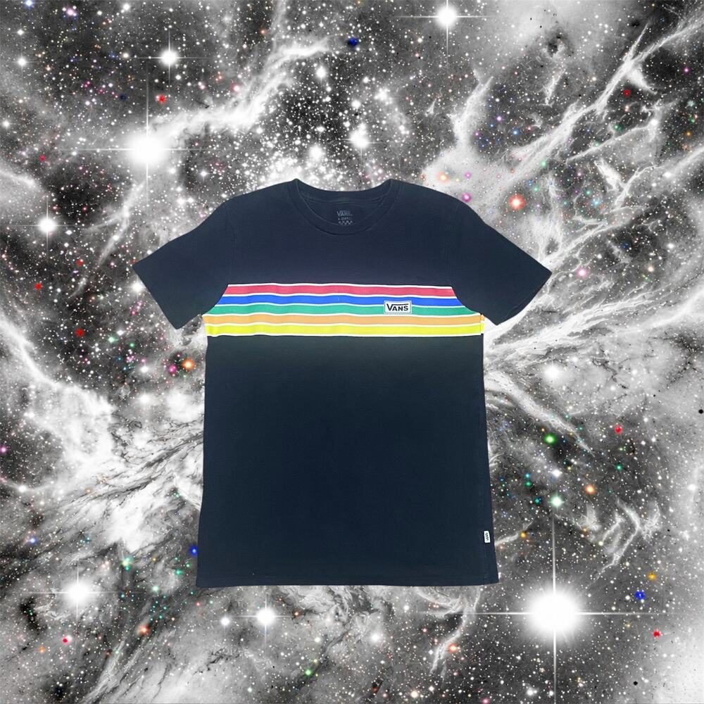 Vans Mens XS Black Rainbow Chest Stripe Logo Graphic Short Sleeve Tee